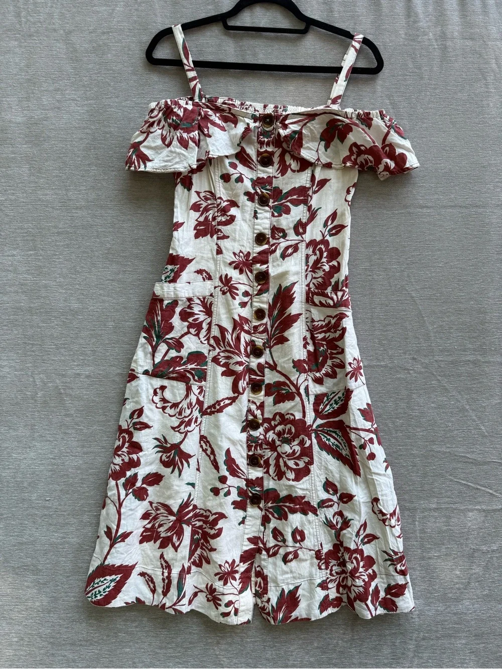 Anthropologie Floral Off Shoulder Linen Blend Midi Dress Button Front US 6